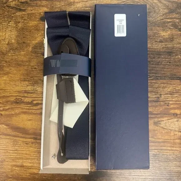 Brooks Brothers Men's Navy Strap on brown leathe Suspenders-One Size NEW